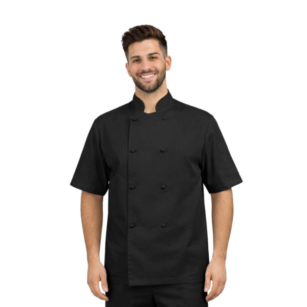 Bluza kucharska czarna meska  krótki rękaw 8 guzików roz.M – bluza kucharska – odzież gastronomiczna